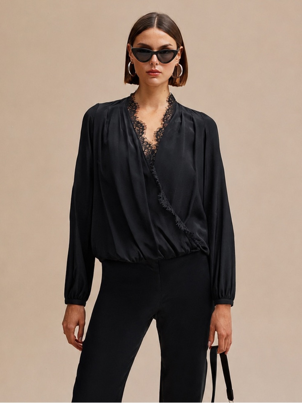 BCBG Maxazria Women's Black Long Sleeve Hi-Low Blouse Top